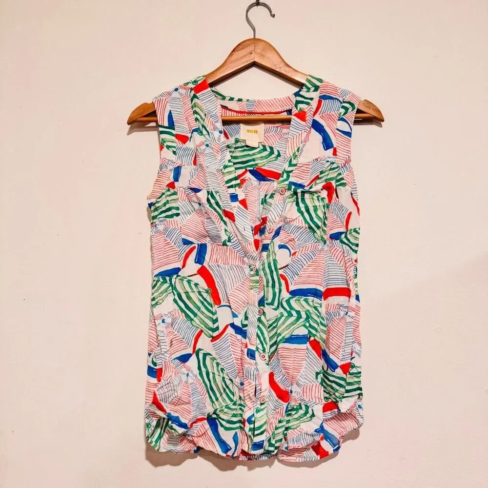 Anthropologie Maeve Art Abstract Tank Top Button Front Size Zero - Picture 1 of 3